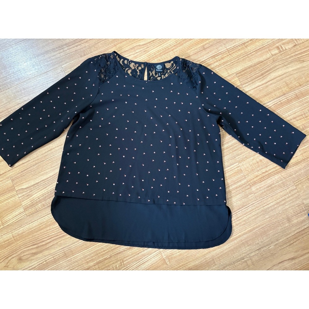 Bobeau Navy Blouse Womens XL Black Geometric‎ Triangle Lace Keyhole 3/4 Sleeve